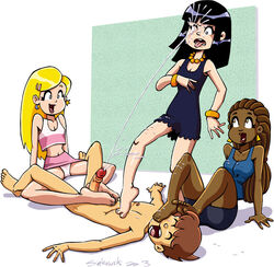 1boy 3girls archie_comics barefoot black_hair blonde_hair blue_eyes braided_hair brown_hair chloe_flan cum cum_on_closed_eye cum_on_face cumshot dark-skinned_female dark_skin ejaculation facial feet feet_on_face female femdom foot_fetish foot_on_face foot_worship footjob gemini_stone harvey_dwight_kinkle long_hair male panties penis sabrina:_the_animated_series sabrina_spellman sabrina_the_teenage_witch sirkowski skirt soles spread_legs standing stepped_on toes upskirt white_panties