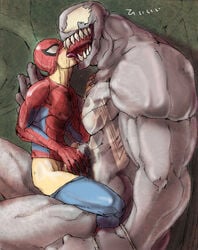 bodysuit bound closed_eyes duo frottage gay humanoid_penis kissing male male_only marvel masako multiple_males penis penises_touching precum smooth_skin spider-man spider-man_(series) tagme venom venom_(marvel) yaoi