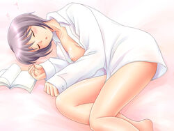 barefoot blush book bottomless breasts closed_eyes dress_shirt female female_only human nagato_yuki naked_shirt nipples open_clothes open_shirt shirt sleeping solo suzumiya_haruhi_no_yuuutsu yumeno_naka