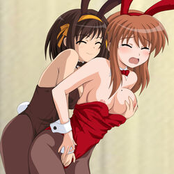 2girls animal_ears asahina_mikuru black_hair blush breast_grab breasts brown_hair bunny_ears bunnysuit danna female female_only highres human jpeg_artifacts multiple_females pantyhose suzumiya_haruhi suzumiya_haruhi_no_yuuutsu yuri