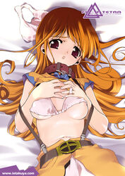 alena_(dq4) bra breasts clothing collar dragon_quest dragon_quest_iv io_takuya lingerie long_hair lying nipples orange_hair panties puffy_nipples red_eyes shirt shirt_lift small_breasts underboob underwear