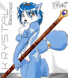 2006 anthro barefoot black_nose blue_fur blue_hair blush breasts character_name claws color female female_only fox front_view fur furry furry_breasts furry_ears furry_tail green_eyes hair holding kneeling krystal krystal's_staff looking_left navel nude open_eyes pointy_ears short_hair solo staff star_fox tail video_games vulva white_fur yuki