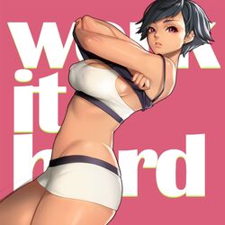 1girls bangs black_hair booty_shorts breasts cleavage dark-skinned_female dark_skin earrings erect_nipples eyebrows_visible_through_hair female highres jewelry large_breasts lips looking_at_viewer masami_chie original original_character pink_background pink_eyes short_hair shorts simple_background solo sports_bra tank_top text tomboy undressing very_short_hair