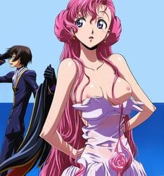 artist_request blush breasts code_geass dress euphemia_li_britannia lelouch_lamperouge long_hair nipples no_bra photoshop pink_hair purple_eyes see-through wet wet_clothes