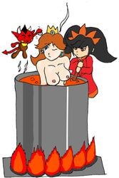 ashley_(warioware) black_hair blue_eyes breasts brown_hair cooked_alive cooking_pot female imminent_vore mana_goblin mario_(series) multiple_girls nintendo nipples princess_daisy red_(warioware) red_eyes vore warioware