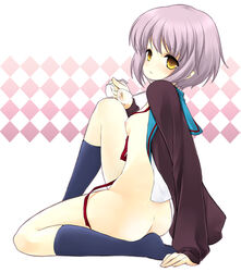 blush bottomless breasts footwear glasses hazel_eyes holding holding_glasses juna kneeling looking_back nagato_yuki no_panties open_clothes open_shirt school_uniform serafuku shirt short_hair sideboob sitting socks suzumiya_haruhi_no_yuuutsu yellow_eyes