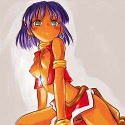 1girls 2006 bare_shoulders blush bob_cut bracelet breasts curvaceous dark-skinned_female dark_nipples dark_skin earrings female fushigi_no_umi_no_nadia gainax green_eyes hair_ornament hairclip human jewelry kneeling large_breasts loincloth looking_at_viewer looking_down midriff nadia_la_arwall neck_ring necklace nipples no_bra no_panties princess pubic_hair purple_hair pussy short_hair solo tan vest wide_hips yuuichi_(tareme_paradise)