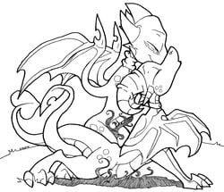 claws closed_eyes cynder dragon dragoness ember_(spyro) female female_only horns monochrome multiple_girls spyro_the_dragon tail tentacle wings yuri