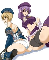 2girls big_butt black_panties blazblue blonde_hair butt crossover huge_butt large_butt looking_back melty_blood momio noel_vermillion panties plain_background purple_hair sion_eltnam_atlasia type-moon white_panties