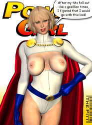 1girls 3d blonde_hair blue_eyes breasts dc dc_comics english_text female female_only kara_zor-l karen_starr power_girl solo text the_pitt