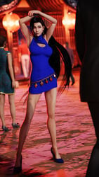 3d 3d_(artwork) accessories arms_up belt black_hair blue_dress bodycon breasts cleavage cleavage_cutout cutout dress earrings final_fantasy final_fantasy_vii heels jewelry legs long_hair long_legs pinup pose red_eyes short_dress sreliata_(artist) tifa_lockhart tight_clothing