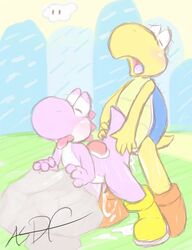 2boys anal anal_penetration anal_sex asdfjkl03 bent_over blush cum cum_in_ass eyes_closed full_body gay gay_anal gay_sex koopa koopa_troopa male male/male male_only mario_(series) mouth_open multiple_boys nintendo open_mouth outdoors outside public saliva shell shoes smooth_skin standing super_mario_bros. yaoi yoshi