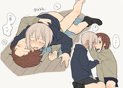 ambiguous_penetration aoba_moca bang_dream! bangs black_legwear black_shorts blue_eyes blue_hoodie blush bottomless brown_eyes brown_hair bulge clenched_hand clothes_grab dym_39 grey_hair hand_on_another's_face hazawa_tsugumi hood hood_down hug implied_sex long_sleeves lying miniskirt missionary multiple_girls multiple_views navy_blue_skirt ntnt_39 on_floor sex short_hair shorts sitting skirt socks sweat translation_request