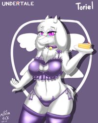 2016 absurd_res alternate_version_at_source anthro big_breasts big_eyes boss_monster bovid bra breasts caprine chest_tuft choker cleavage cleavage_cutout clothed clothing collar digital_media_(artwork) english_text eyelashes eyewear female food fur glasses hair hi_res horn horns jewelry legwear long_ears looking_at_viewer mammal milkteafox necklace panties purple_eyes pussy ruffles side-tie_panties simple_background solo standing text thick_thighs thigh_highs toriel tuft undertale underwear video_games voluptuous white_fur wide_hips