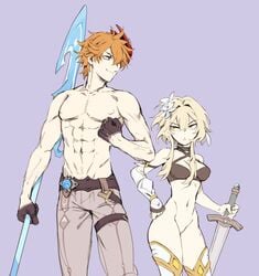 1boy abs bangs bare_shoulders blonde_hair bottomless earrings female flower genshin_impact gloves hair_between_eyes hair_flower hair_ornament highres hilimuc jewelry lumine_(genshin_impact) mask mask_on_head orange_hair polearm pussy single_earring sword tartaglia_(genshin_impact) thighhighs toned toned_male vision_(genshin_impact) weapon yellow_eyes