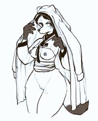 2019 anthro areola biped black_nose blush bottomless breasts canid canine canis claws clothed clothing eyebrows eyelashes female fox fur hair hanbok looking_at_viewer mammal nipples pussy reccand simple_background snout solo standing thick_thighs veil