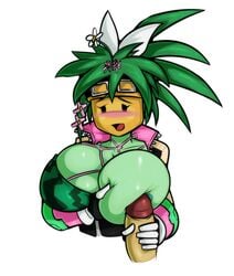 blaster_master blaster_master_zero blaster_master_zero_2 green_skin handjob huge_breasts kanna_(blaster_master) mob_face plantie sexualyeti unzipped_bodysuit watermelon_bra watermelon_nets