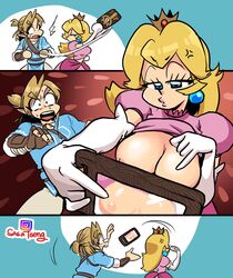 1boy 1girls big_breasts blonde_hair blue_eyes breasts breath_of_the_wild clothed clothing comic crossover female half-closed_eyes link link_(breath_of_the_wild) long_hair male mario_(series) nintendo nipples nude princess_peach sasatseng sheikah_slate tagme taking_picture the_legend_of_zelda