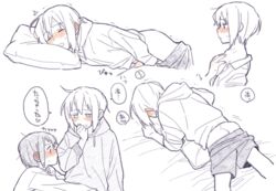 2girls aoba_moca ass bang_dream! blush breast_grab closed_eyes clothed_masturbation clothing cum dym_39 ejaculation futanari grabbing hand_to_own_mouth hazawa_tsugumi hood hood_down hoodie intersex long_sleeves lying masturbation multiple_girls multiple_views ntnt_39 on_stomach pants_down penis pillow pillow_sex short_hair spot_color sweat translation_request