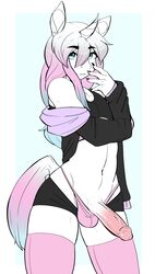 anthro bulge clothed clothing crossdressing equid girly half-erect hi_res horn humanoid_penis looking_at_viewer male mammal munks_(artist) penis solo standing underwear unicorn vein wide_hips