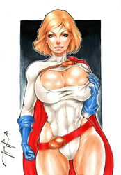 1girls belt big_breasts blonde_hair blue_gloves breasts busty cape cleavage cleavage_cutout curvaceous curvy dc dc_comics earth-2 earth2 earth_2 ed_benes_studio eyeshadow female female_only fist full_cleavage gloves grabbing_own_breast green_eyes huge_breasts jeferson_lima jsa justice_society justice_society_of_america karen_starr kryptonian large_breasts leotard light_smile lipstick makeup mascara pink_lips pink_lipstick pinup power_girl red_belt red_cape short_hair smile smiling solo standing superheroine thick_thighs thighs voluptuous white_leotard