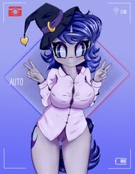 2019 absurd_res blue_eyes blue_hair bottomless breasts clothed clothing digital_media_(artwork) equid equine female hair hi_res mammal mistleinn moonlit_silver my_little_pony pussy solo