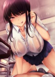 1boy ayakase_riberi black_hair blush bra breasts character_request cleavage curvy erection erection_under_clothes female highres huge_breasts long_hair looking_at_viewer penis pov pov_eye_contact school_uniform see-through shiny shirt skirt source_request sweat thick_thighs thighs tongue tongue_out underwear uniform wet wet_clothes