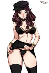 1girls bikini black_bikini black_bikini_top bracelet bracelets brown_hair choker dorothea_arnault earring earrings female female_focus female_only fire_emblem fire_emblem:_three_houses garreg_mach_monastery_uniform green_eyes hat lifted_by_self minacream nintendo pale-skinned_female pale_skin skirt skirt_lift skirt_pull solo stockings thick_thighs upskirt