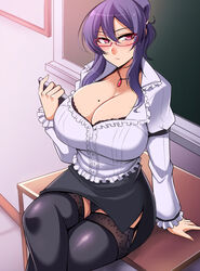 1girls arm_support big_breasts black_legwear black_panties blush book bra breasts classroom cleavage glasses holding_object huge_breasts jewelry legs_crossed long_hair looking_at_viewer megane miniskirt mole mole_on_breast necklace nishida_megane panties pantyshot pencil_skirt pink_eyes purple_hair rin_(senran_kagura) senran_kagura shirt sitting stockings suzune_(senran_kagura) teacher thighs