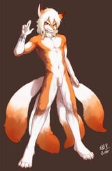 2016 4_toes 5_fingers anthro balls biped canid canine fingers flaccid foreskin fox fur hair hi_res humanoid_penis linlvjia male male_only mammal multi_tail navel nude one_eye_closed orange_fur penis red_eyes scar simple_background solo standing tattoo toes uncut white_fur white_hair