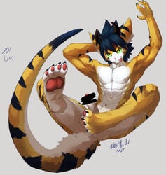 2016 4_toes 5_fingers anthro balls blue_fur blue_hair censored erection felid fingers foreskin fur green_eyes grey_background hair horn hybrid linlvjia lutrine male male_only mammal mustelid navel pantherine pawpads penis retracted_foreskin simple_background solo tiger toes tongue tongue_out uncut unknown_species white_fur yellow_fur