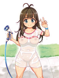 antenna_hair aqua_eyes blue_eyes blush bracelet breasts brown_hair covered_navel covered_nipples cowboy_shot female holding hose long_hair looking_at_viewer medium_breasts navel nipples no_bra no_panties no_pants ryoji_(nomura_ryouji) see-through shirt smile solo v wet wet_clothes wet_shirt wet_t-shirt