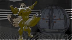 3d 3d_(artwork) anthro big_penis brown_hair buff doctormelon furry furry_ears furry_only furry_tail male male_only marvel marvel_comics muscles penis raccoon rocket_raccoon ship spaceship