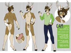 2018 2_toes 5_fingers anthro antlers balls belt biped bottomwear cam_hartley capreoline cervid chest_tuft clothed clothing english_text erection fingers flaccid foreskin full-length_portrait fully_clothed fur hair hooves horn humanoid_penis jeans looking_at_viewer male mammal model_sheet nipples nude off/on pants penis portrait pubes salkitten shirt simple_background smile solo standing text toes topwear tuft uncut white-tailed_deer white_fur