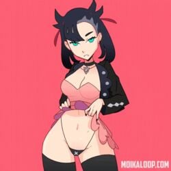 1girls 2019 animated black_hair breasts dress female female_only green_eyes human human_only lifting_skirt marnie_(pokemon) moikaloop nintendo panties pokemon pokemon_ss solo