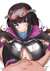 black_gloves black_hair breasts clothed_female_nude_male cum ejaculation fate/grand_order fate_(series) female gloves goggles goggles_on_head highres jacket large_breasts nude osakabe-hime_(fate) osakabe-hime_(swimsuit_archer) paizuri paizuri_under_clothes purple_eyes takashi_(nekoro) tongue tongue_out