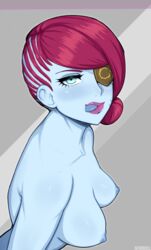 1girls afrobull alternate_version_available areolae big_breasts blue_eyes blue_skin breasts destiny_(game) eyepatch female female_only nipples petra_venj red_hair solo