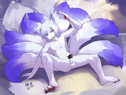 2016 4_toes 5_fingers anthro arctic_fox balls blue_eyes blue_hair canid canine censored erection fingers fox fur hair humanoid_penis linlvjia male male_only mammal multi_tail navel nude penis sitting solo toes white_fur white_hair