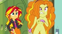 2girls accurate_art_style adagio_dazzle angry casual covering edit equestria_girls friendship_is_magic human human_only humanized multicolored_hair my_little_pony naked nude nude_filter orange_hair personification pink_gloves public public_nudity rainbow_rocks red_hair school slayerbvc sunset_shimmer yellow_skin