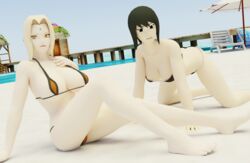 2019 2girls 3d all_fours areola areolae ass bent_over big_breasts bikini black_eyes black_hair blonde_hair breasts cleavage eyebrows eyelashes feet female female_only fingernails hair hands highres huge_breasts human kneeling large_breasts legs lips medium_breasts multiple_females multiple_girls naruto naruto_shippuden outdoors pervertedgecko shiny shiny_skin shizune short_hair toes tsunade