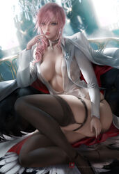 1girls absurd_res artist_signature ass big_breasts blouse breasts cleavage collared_blouse collared_shirt earrings eclair_farron eyelashes eyeliner female female_only final_fantasy final_fantasy_xiii garter garter_belt garter_straps heels hi_res high_heels human lingerie lipstick long_hair looking_at_viewer makeup nail_polish necklace nipples_visible_through_clothing no_bra open_clothes panties pink_hair sakimichan see-through shirt sitting solo stockings thighhighs thong underboob wide_hips