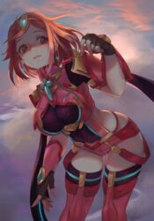 1girls armor bangs big_breasts breasts earrings fingerless_gloves gloves hair_ornament jewelry keychain large_breasts leaning_forward preview_(artist) pyra red_eyes red_hair short_hair short_shorts shorts thick_thighs thigh_high_boots thighs wide_hips xenoblade_(series) xenoblade_chronicles_2