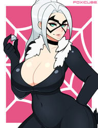 1girls aqua_eyes big_breasts black_cat_(marvel) blue_eyes bodysuit breasts choker cleavage covered_navel diamond felicia_hardy female female_only foxicube fur_trim hand_on_hip human human_only large_breasts latex looking_at_viewer marvel marvel_comics mask ponytail silver_hair solo solo_female spider-man_(series) thick thick_thighs thighs tight_clothing wide_hips