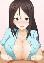 1boy aoshidan_(emblem) aoshidan_school_uniform artist_name black_hair blue_eyes blush breasts cleavage collarbone cum cum_on_body cum_on_breasts cum_on_upper_body eyebrows_visible_through_hair female girls_und_panzer highres large_breasts long_hair looking_at_viewer no_bra nonna open_clothes open_mouth paizuri paizuri_under_clothes pink_background school_uniform shiny shiny_hair simple_background smile tiyo_ryuji