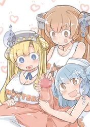 1boy 3girls blonde_hair blue_eyes blue_hair blush brand_name_imitation breasts brown_eyes brown_hair censored cleavage clothes_writing dark-skinned_male dark_skin dixie_cup_hat double_bun enjaku_izuku fffm_foursome fletcher_(kantai_collection) foursome glans glansjob handjob hat highres hooters interracial johnston_(kantai_collection) kantai_collection licking_lips light-skinned_female light_brown_hair light_skin long_hair military_hat multiple_handjob open_mouth penis samuel_b._roberts_(kantai_collection) short_hair tank_top tongue tongue_out translation_request two_side_up yellow_eyes