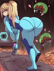 1girls alien alternate_breast_size ass beauty_mark bent_over big_ass big_breasts blonde_hair blue_eyes blush bodysuit breasts dat_ass female female_only firearm from_behind gun handgun hanging_breasts hearts holding_gun huge_ass human kobioh leaning_forward legs long_hair looking_back metroid metroid_(creature) mole mole_under_mouth nintendo pale_skin ponytail samus_aran skin_tight solo thick_thighs thighs weapon wide_hips wristwear zero_suit zero_suit_samus