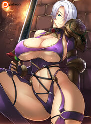 1girls abs against_wall alternate_breast_size armor big_breasts blue_eyes breasts cleavage collar covered_nipples deviantart earrings erect_nipples eye_contact female female_only fingerless_gloves haganef hair_over_one_eye half-closed_eyes holding_weapon huge_ass isabella_valentine jewelry large_breasts looking_at_viewer navel nipple_bulge patreon revealing_clothes short_hair silver_hair skindentation solo soul_calibur sword thick_thighs thighs underboob wide_hips