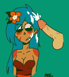 cookie_run cum cum_on_face female flower penis teal_hair tiger_lily_cookie werewolf_cookie