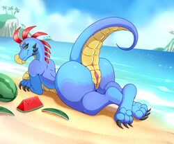 2019 anthro anus ass beach breasts clitoris female food fruit green_sclera hi_res lonbluewolf looking_at_viewer looking_back melon plant pussy reptile scalie seaside solo watermelon yellow_eyes