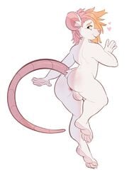 anthro anus ass backsack balls blonde_hair fur girly hair heart igiveyoulemons looking_back male male_only mammal mouse murid murine nude rodent simple_background smile solo white_background white_fur